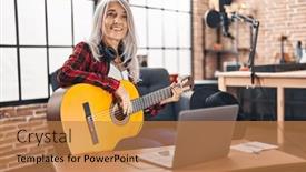  Presentation with classical music - PPT theme consisting of middle-age-grey-haired-woman background and a coral colored foreground