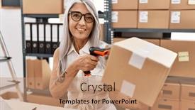  Presentation with scanning - Presentation theme having middle-age-grey-haired-woman background and a coral colored foreground