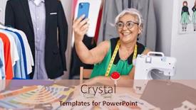  Presentation with selfie - PPT layouts enhanced with middle-age-grey-haired-woman background and a coral colored foreground