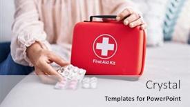  Presentation with first aid kit - Presentation design featuring middle-age-grey-haired-woman background and a white colored foreground