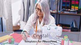  Presentation with grey - PPT theme featuring middle-age-grey-haired-woman background and a lemonade colored foreground