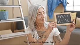  Presentation with new home - Theme having middle-age-grey-haired-woman background and a  colored foreground