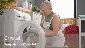  Presentation with china clothes washing - PPT layouts featuring middle-age-grey-haired-woman background and a gray colored foreground