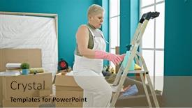  Presentation with new home - Slide set enhanced with middle-age-grey-haired-woman background and a coral colored foreground