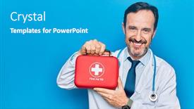 Presentation with first aid kit - Colorful presentation enhanced with middle-age-handsome-doctor-man backdrop and a teal colored foreground