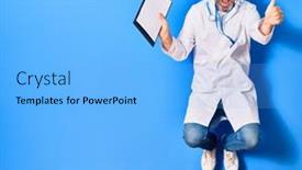  Presentation with clipboard stethoscope - Colorful slide deck enhanced with middle-age-handsome-doctor-man backdrop and a light blue colored foreground