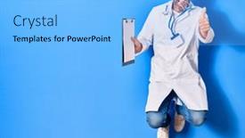  Presentation with clipboard stethoscope - Amazing PPT theme having middle-age-handsome-doctor-man backdrop and a light blue colored foreground