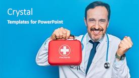  Presentation with first aid kit - Slide deck featuring middle-age-handsome-doctor-man background and a teal colored foreground
