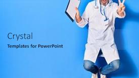  Presentation with clipboard stethoscope - PPT theme enhanced with middle-age-handsome-doctor-man background and a light blue colored foreground