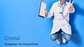  Presentation with clipboard stethoscope - Presentation theme having middle-age-handsome-doctor-man background and a light blue colored foreground