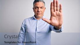  Presentation with hand palm - Slides enhanced with middle-age-handsome-grey-haired background and a light blue colored foreground