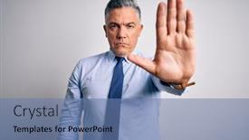  Presentation with hand palm - Slide set enhanced with middle-age-handsome-grey-haired background and a teal colored foreground