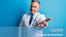  Presentation with hand palm - Presentation featuring middle-age-handsome-grey-haired background and a teal colored foreground