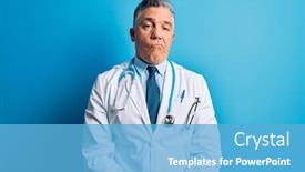  Presentation with blue eyes - Colorful presentation enhanced with middle-age-handsome-grey-haired backdrop and a light blue colored foreground