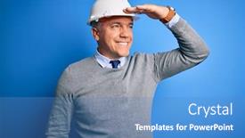  Presentation with far away - Slides with middle-age-handsome-grey-haired background and a teal colored foreground