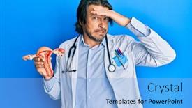  Presentation with anatomical head - PPT layouts enhanced with middle-age-handsome-gynecologist-man background and a light blue colored foreground