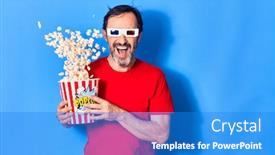  Presentation with movie popcorn - Presentation design featuring middle-age-handsome-hispanic-man background and a cobalt blue colored foreground
