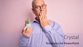  Presentation with hand holding plant - Slides consisting of middle-age-handsome-hoary-man background and a light blue colored foreground