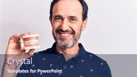  Presentation with denture - PPT theme enhanced with middle-age-handsome-man-holding background and a navy blue colored foreground