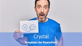  Presentation with happy sad face man - Slide deck with middle-age-handsome-man-holding background and a cobalt blue colored foreground