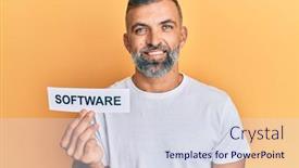  Presentation with software - Beautiful slides featuring middle-age-handsome-man-holding backdrop and a sky blue colored foreground