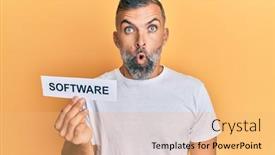  Presentation with software - Beautiful slide deck featuring middle-age-handsome-man-holding backdrop and a coral colored foreground