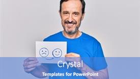  Presentation with happy sad face man - Slide deck having middle-age-handsome-man-holding background and a teal colored foreground