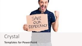  Presentation with democracy - Cool new theme with middle-age-handsome-man-holding backdrop and a white colored foreground