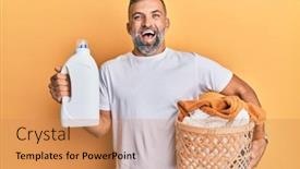  Presentation with laundry detergent - PPT theme featuring middle-age-handsome-man-holding background and a coral colored foreground