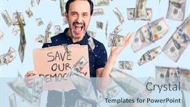  Presentation with democracy - Audience pleasing slide set consisting of middle-age-handsome-man-holding backdrop and a sky blue colored foreground