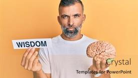  Presentation with wisdom - Cool new PPT theme with middle-age-handsome-man-holding backdrop and a coral colored foreground