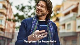  Presentation with smartphone - PPT theme consisting of middle-age-handsome-man-using and a navy blue colored foreground