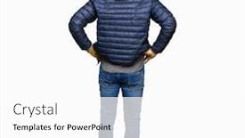  Presentation with body change in aging - Cool new presentation design with middle age handsome man wearing winter coat standing backwards looking away with arms on body backdrop and a white colored foreground