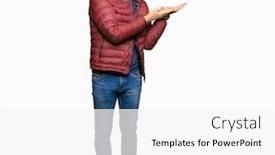  Presentation with human hands open palm up - PPT theme featuring middle age handsome man wearing glasses and winter coat pointing to the side with hand and open palm presenting ad smiling happy and confident background and a white colored foreground