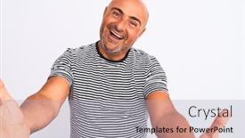  Presentation with navy - Theme having middle age handsome man wearing striped navy t-shirt over isolated white background looking at the camera smiling with open arms for hug cheerful expression embracing happiness background and a light gray colored foreground