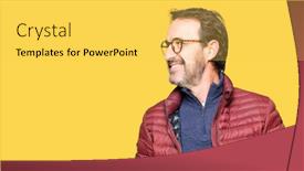  Presentation with natural - Beautiful PPT theme featuring middle age handsome man wearing glasses and winter coat looking away to side with smile on face natural expression laughing confident backdrop and a yellow colored foreground