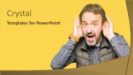  Presentation with deaf - Slides featuring middle age handsome man wearing winter vest trying to hear both hands on ear gesture curious for gossip hearing problem deaf background and a yellow colored foreground