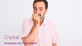  Presentation with pink nails - Amazing presentation design having middle age handsome man wearing casual pink shirt standing over isolated white background looking stressed and nervous with hands on mouth biting nails anxiety problem backdrop and a pink colored foreground