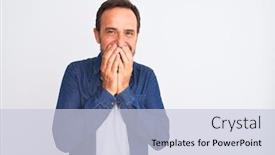  Presentation with scandal - Presentation design having middle age handsome man wearing blue denim shirt standing over isolated white background laughing and embarrassed giggle covering mouth with hands gossip and scandal concept background and a lemonade colored foreground