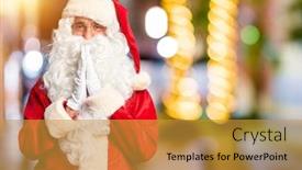 Presentation with praying hands - Slide deck featuring middle age handsome man wearing santa claus costume and beard standing praying with hands together asking for forgiveness smiling confident background and a gold colored foreground