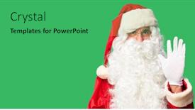  Presentation with saying - Presentation theme with middle age handsome man wearing santa claus costume and beard standing waiving saying hello happy and smiling friendly welcome gesture background and a ocean colored foreground