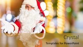  Presentation with hug - Slide set having middle age handsome man wearing santa claus costume and beard standing looking at the camera smiling with open arms for hug cheerful expression embracing happiness background and a gold colored foreground