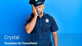  Presentation with woman covering man mouth hand - Audience pleasing PPT theme consisting of middle-age-handsome-man-wearing backdrop and a ocean colored foreground