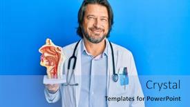  Presentation with handsome - Slide deck with middle-age-handsome-otologist-doctor background and a light blue colored foreground