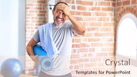  Presentation with exercise mat - Cool new PPT layouts with middle-age-handsome-sportman-holding backdrop and a lemonade colored foreground