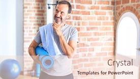  Presentation with exercise mat - Presentation featuring middle-age-handsome-sportman-holding background and a lemonade colored foreground