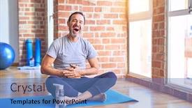  Presentation with exercise mat - Slides having middle-age-handsome-sportman-sitting background and a teal colored foreground