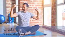  Presentation with exercise mat - PPT theme consisting of middle-age-handsome-sportman-sitting background and a teal colored foreground