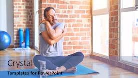  Presentation with exercise mat - Theme featuring middle-age-handsome-sportman-sitting background and a teal colored foreground
