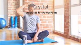  Presentation with exercise mat - PPT theme enhanced with middle-age-handsome-sportman-sitting background and a lemonade colored foreground